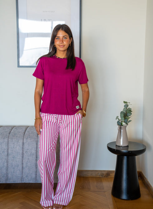 Women summer pajama set Fuchsia T-shirt + Fuchsia Stripes Pants